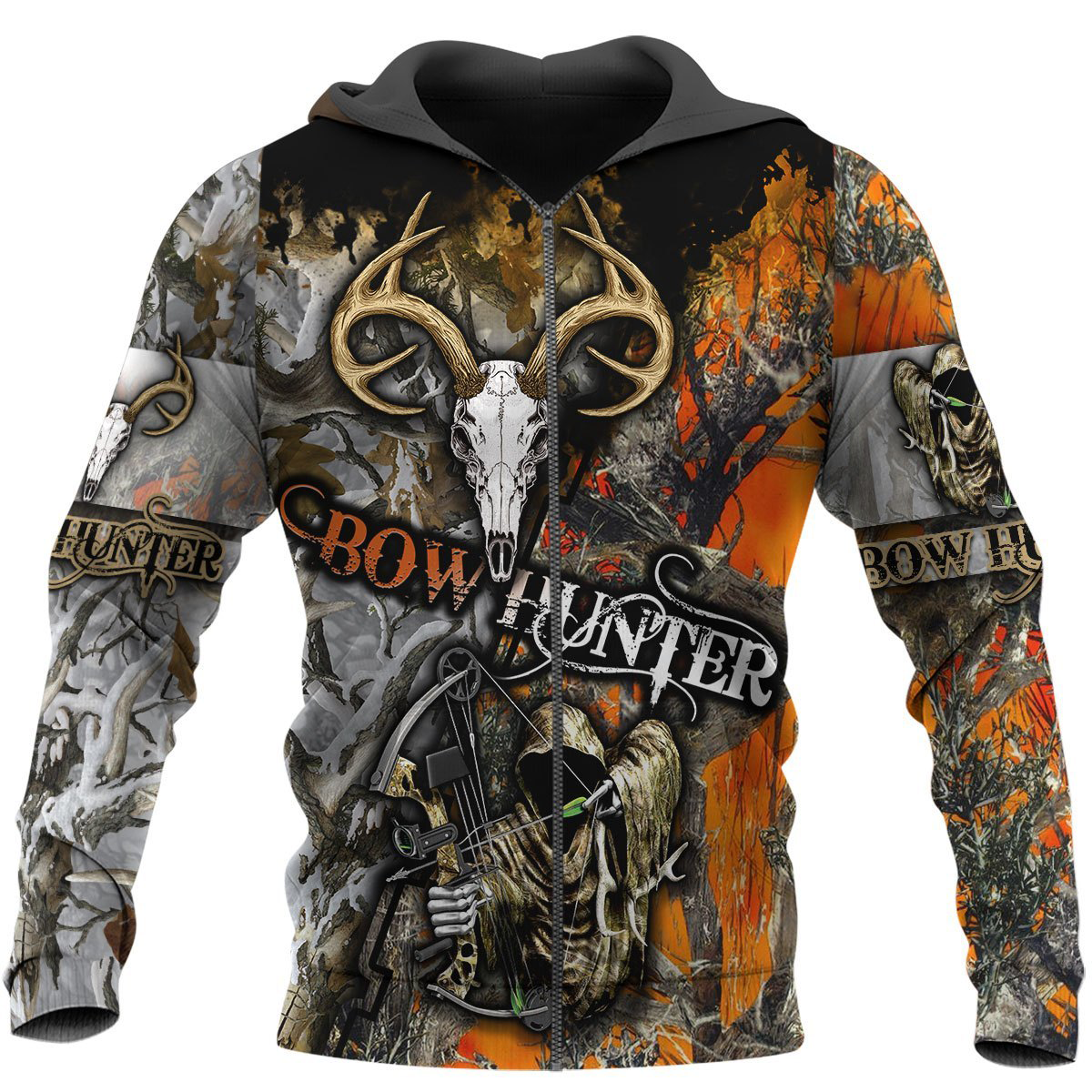 ViticStore™ Bow Hunter Deer Skull 3D Orange & White Shade All Over Printed XL Zip-Hoodie For Men