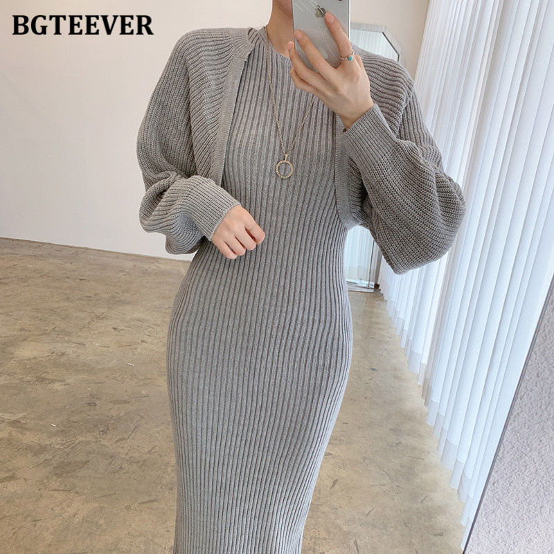 BGTEEVER Casual Skinny Women Sweater Set Full Sleeve Short Cardigan & O-neck Vest Dress 2021 Autumn Female 2 Pieces Knit Set alx