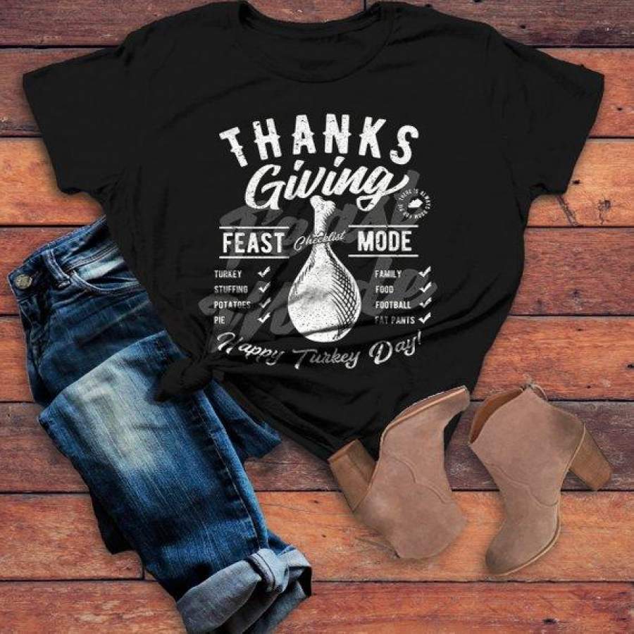 Women’s Funny Thanksgiving T Shirt Feast Mode Checklist Vintage Graphic Tee Happy Turkey Day