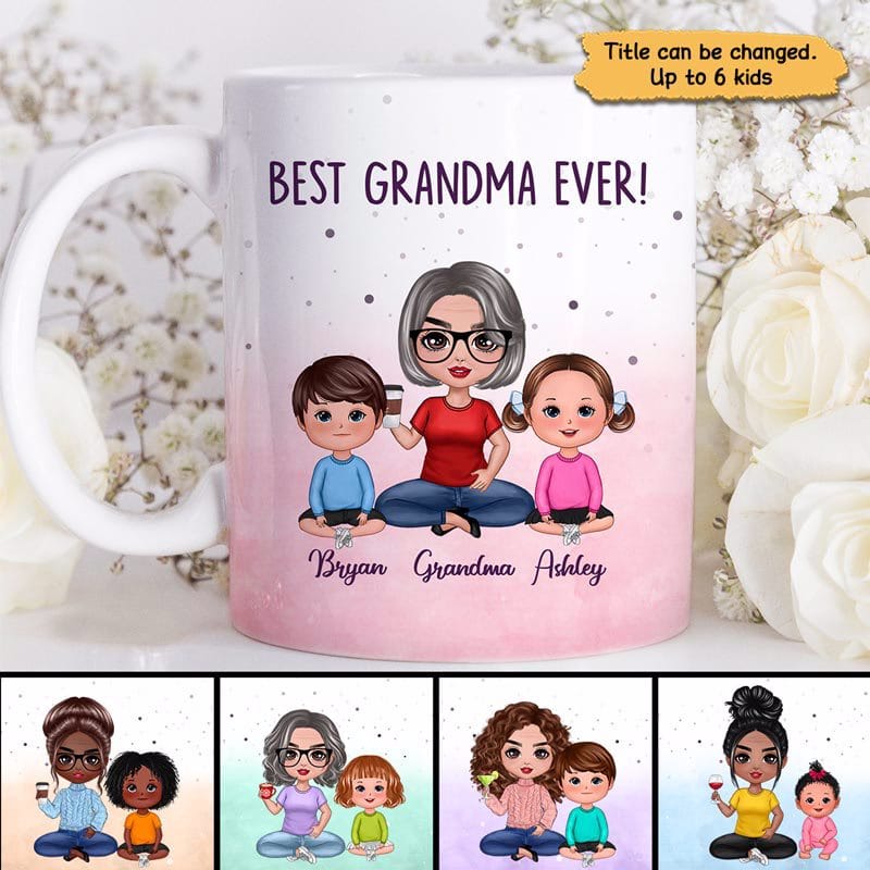 Best Grandma Ever Doll Grandma & Kid Watercolor Personalized Mug