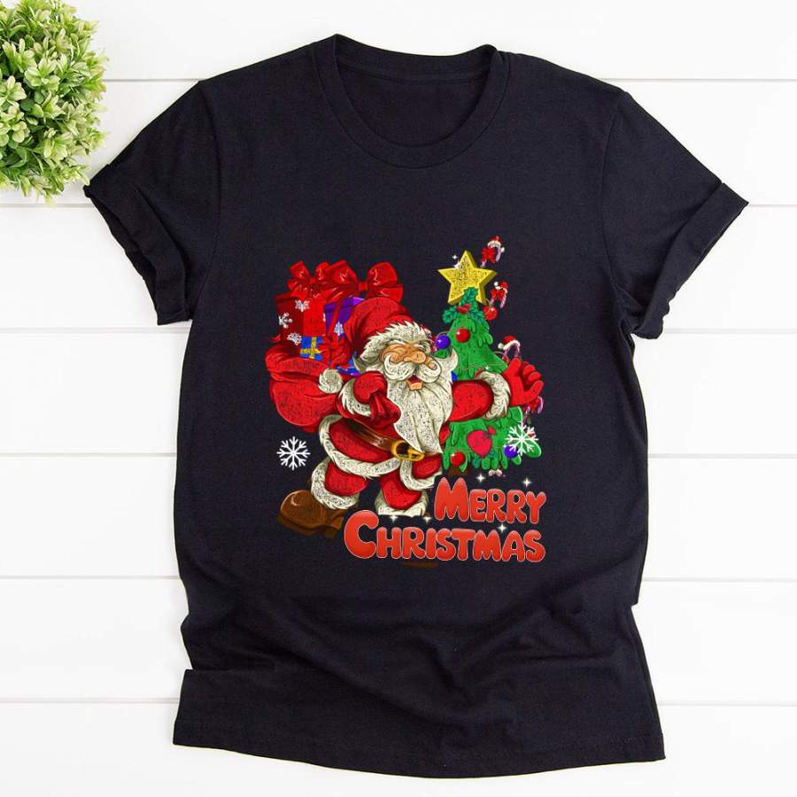 Merry christmas santa claus xmas tree candy cane ornament black cotton t shirt for men and women S-6XL