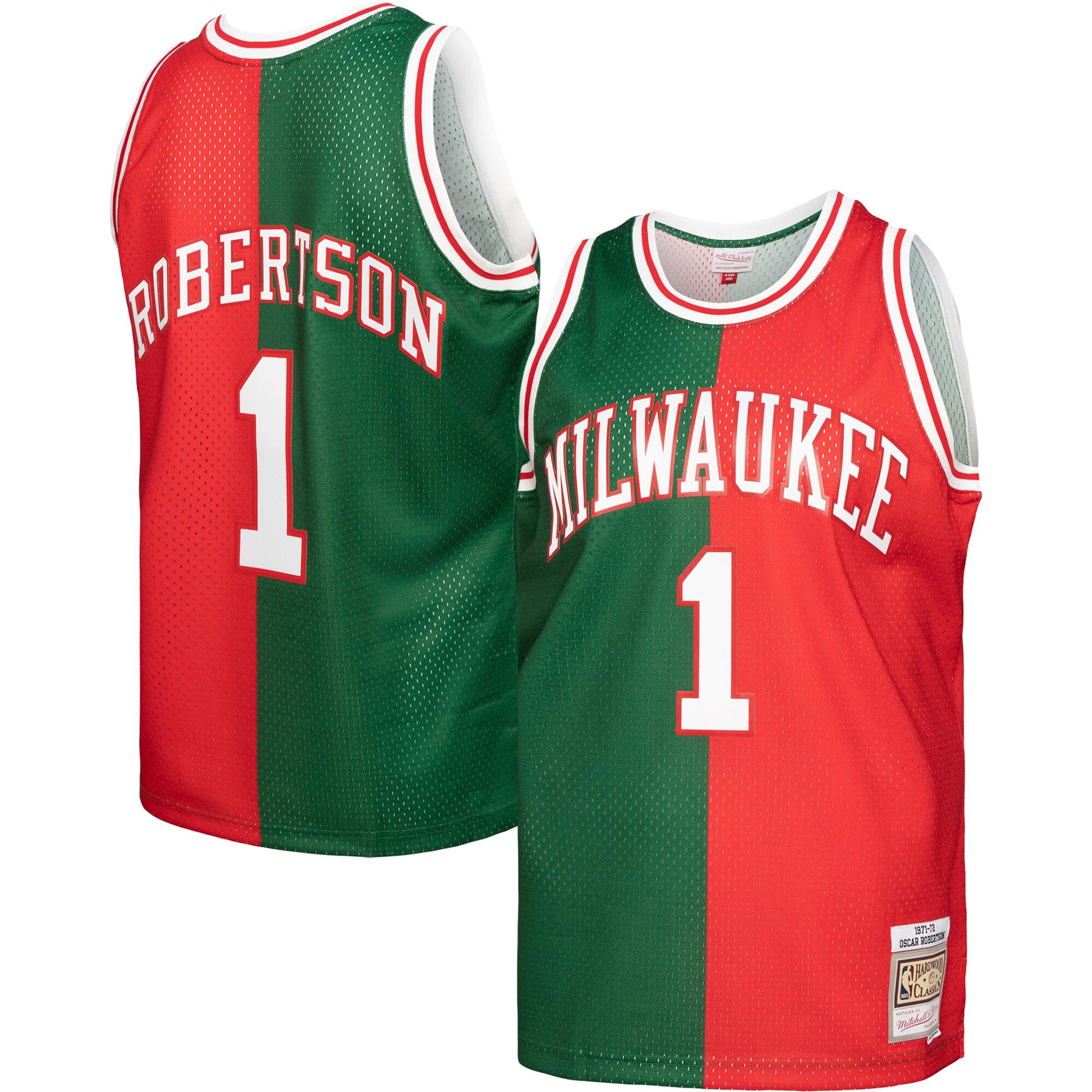 Oscar Robertson Milwaukee Bucks Mitchell & Ness Hardwood Classics 1971/72 Split Swingman Jersey – Green/Red