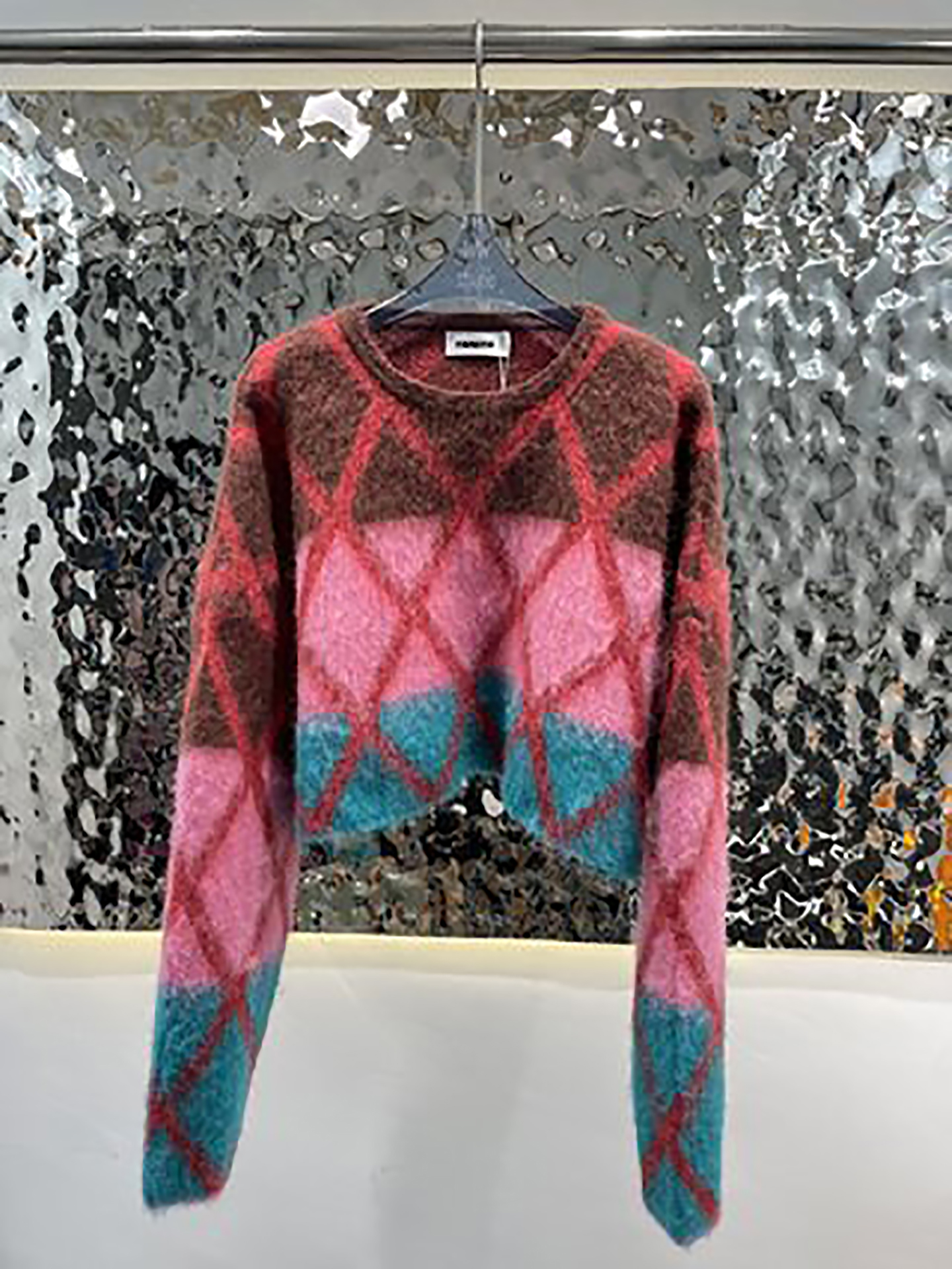 Autumn And Winter Women’s Sweater O-Neck Color Blocking Short Pullover Diamond Plaid Mohair Lazy Fashion Knitwear 12883F alx