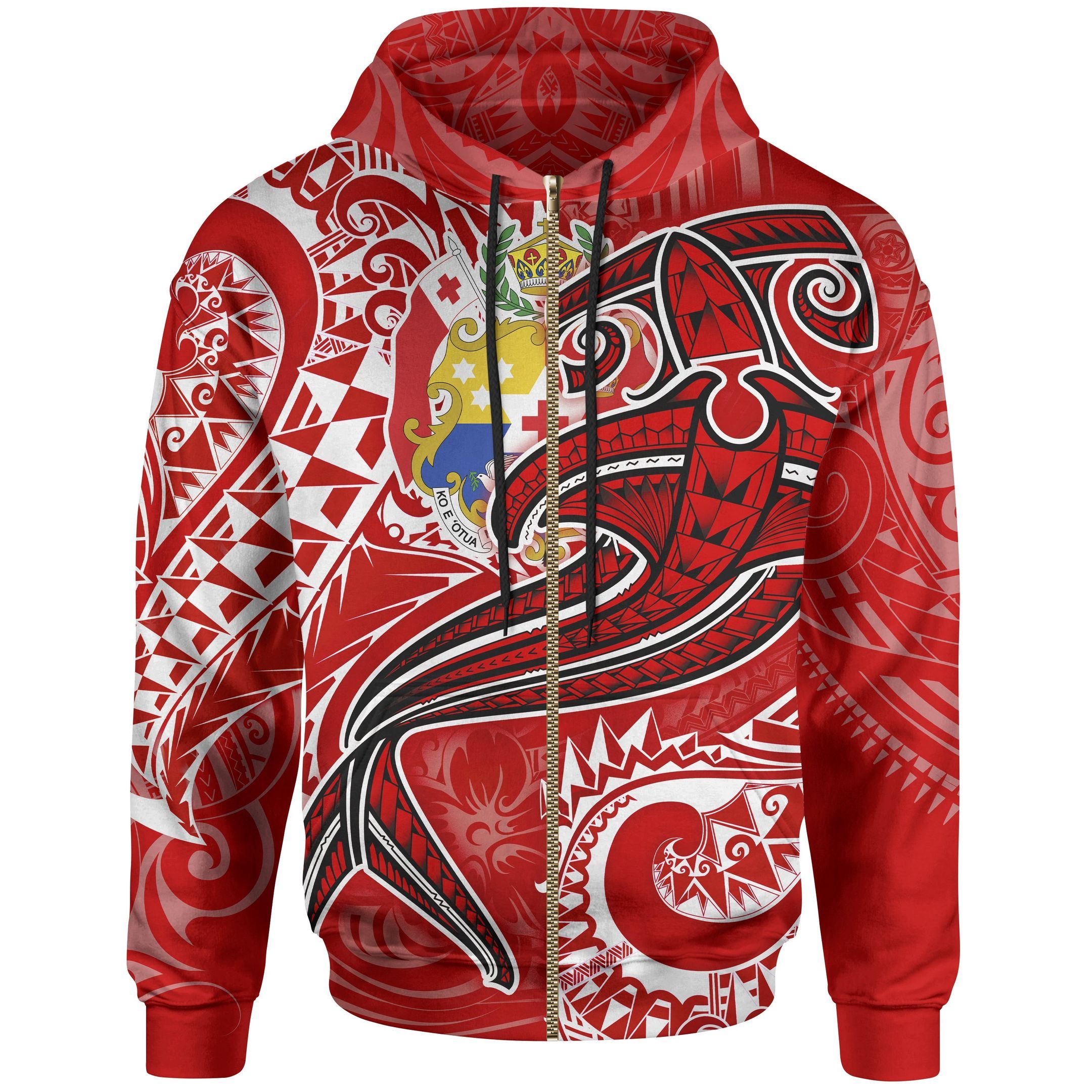 Unisex Tonga Up Red Shark Polynesian Tattoo 3D Zip Hoodie All Over Print