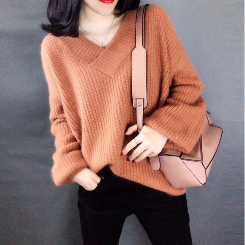 Basic knit Sweater Women V-neck Solid Pullover 2020 Autumn Korean Loose Lantern sleeve Sweaters Pullover Female Tops alx