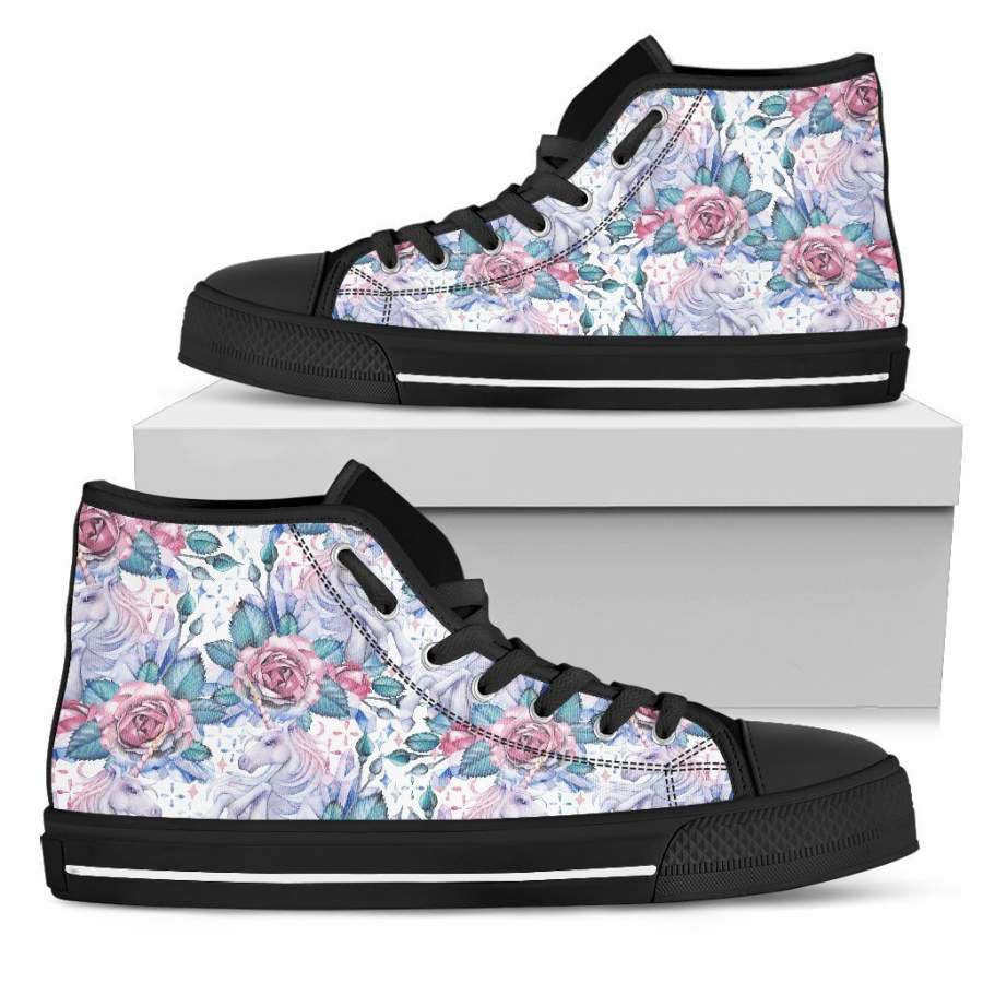 White Fairy Rose Unicorn Pattern Print Men’s High Top Shoes