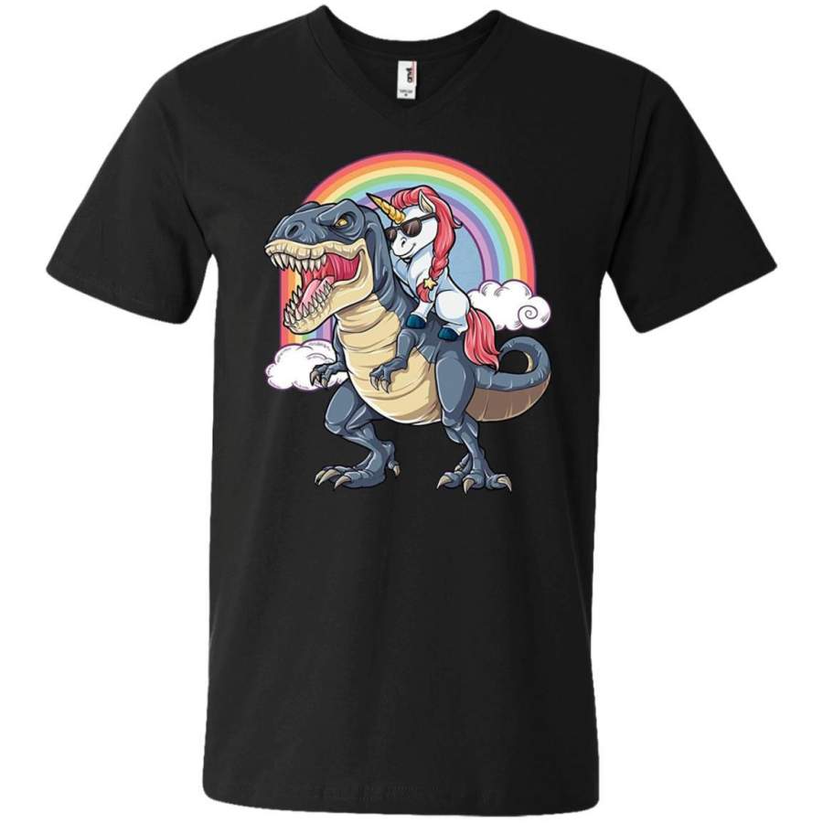 Unicorn Riding Dinosaur T Rex T Shirt Unicorns Rainbow Gifts Mens V-Neck T-Shirt