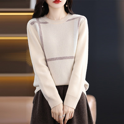 Cashmere sweater women’s autumn and winter new round neck 100% pure wool slim pullover knitted fashion color matching sweater alx