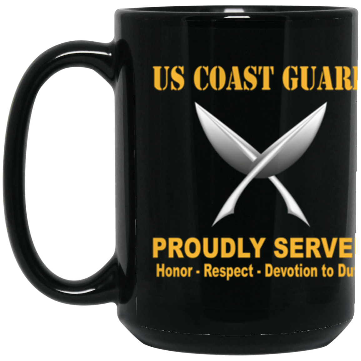 USCG Yeoman YN Logo Proudly Served Core Values 15 oz. Black Mug