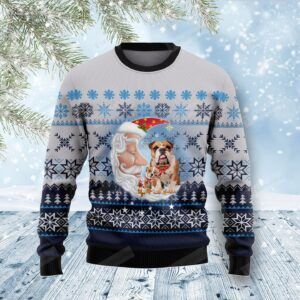 Bulldog Love Santa Moon Ugly Christmas Sweater, All Over Print Sweatshirt