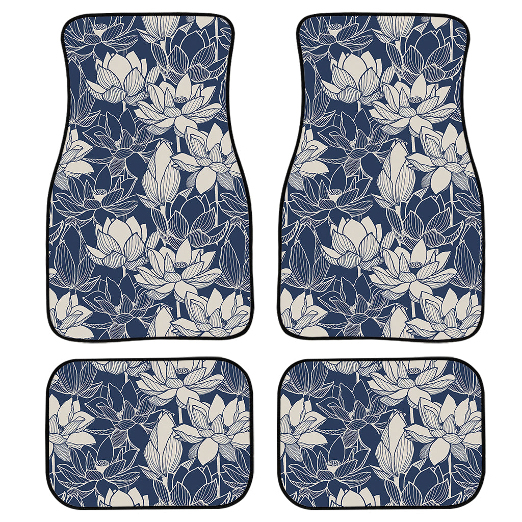 White And Blue Lotus Flower Print Front And Back Car Floor Mats, Front Car Mat