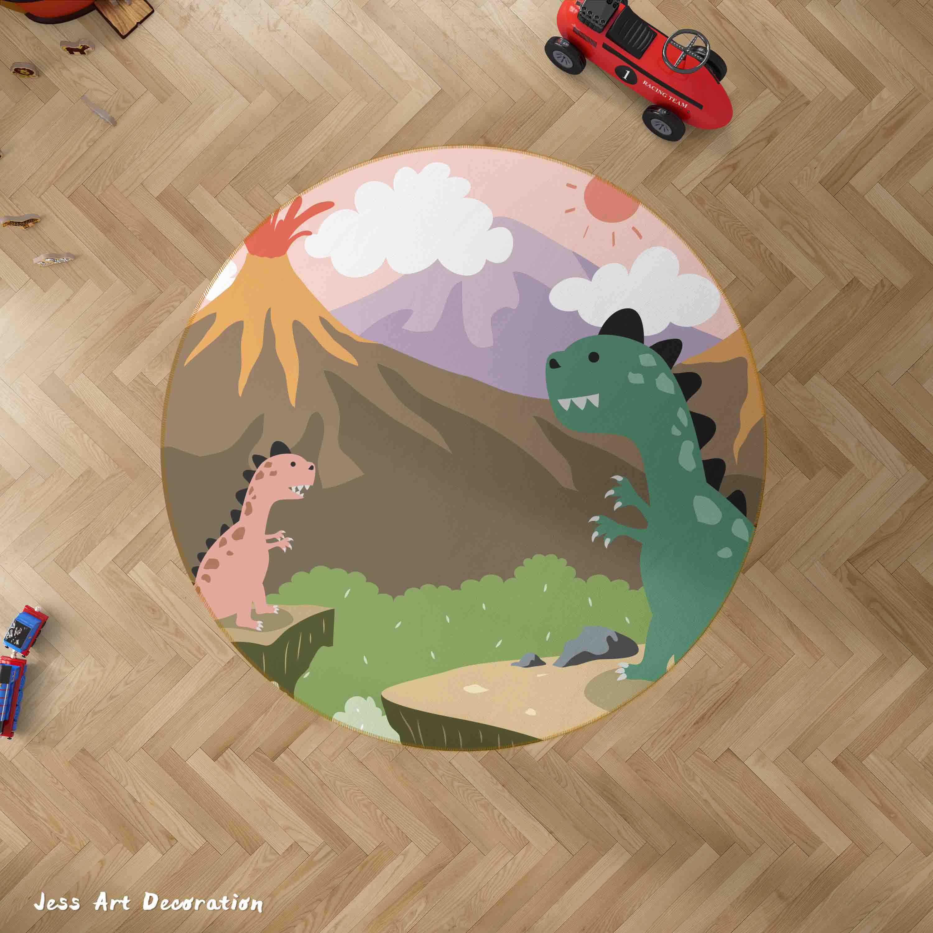 3D Cartoon Animal Dinosaur Volcano Kids Non-Slip Round Rug Mat 49