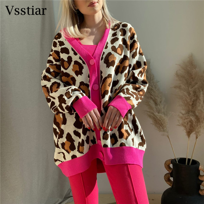 Vsstiar Green Leopard Printed Cardigan Women Long Sleeve Knitted Sweaters Fashion Oversized Loose Button Up Cardigans Jumper alx