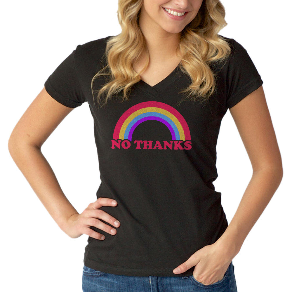 Women’S Rainbow No Thanks Vneck T-Shirt – No Thank You Sarcastic Shirt Ironic Shirt – Nope Shirt – Introvert