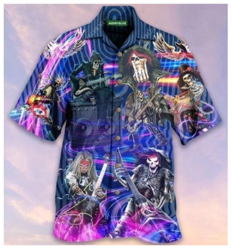 Skulls Play Guitar Rock On World Hawaii Unisex Print Aloha Short Sleeve Casual Shirt Ha42706