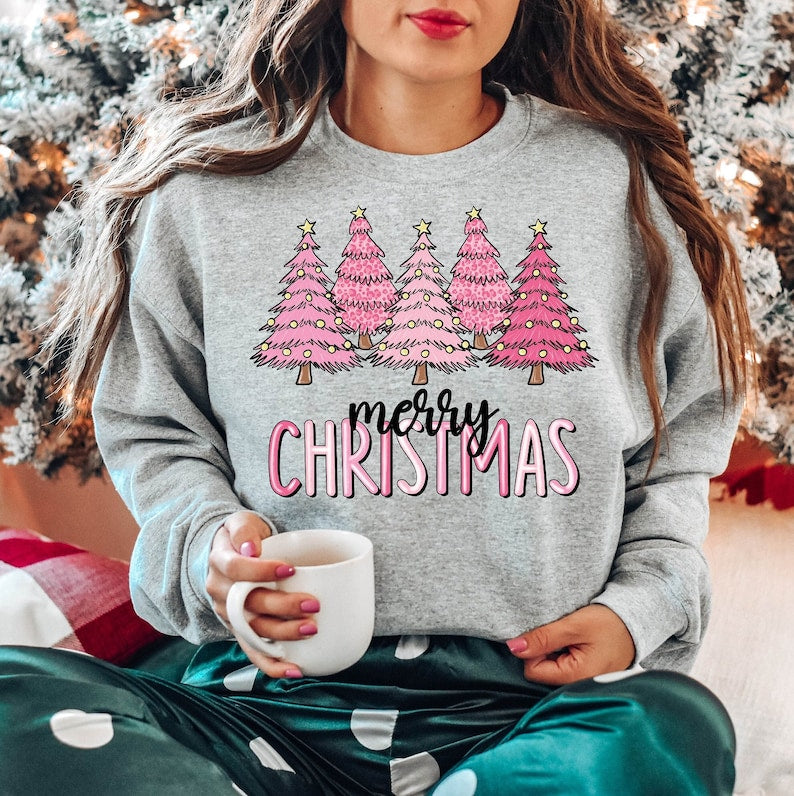 Merry Christmas Pink Tree Sweatshirt 2D Crewneck Sweatshirt All Over Print Sweatshirt For Women Sweatshirt For Men Sws4441