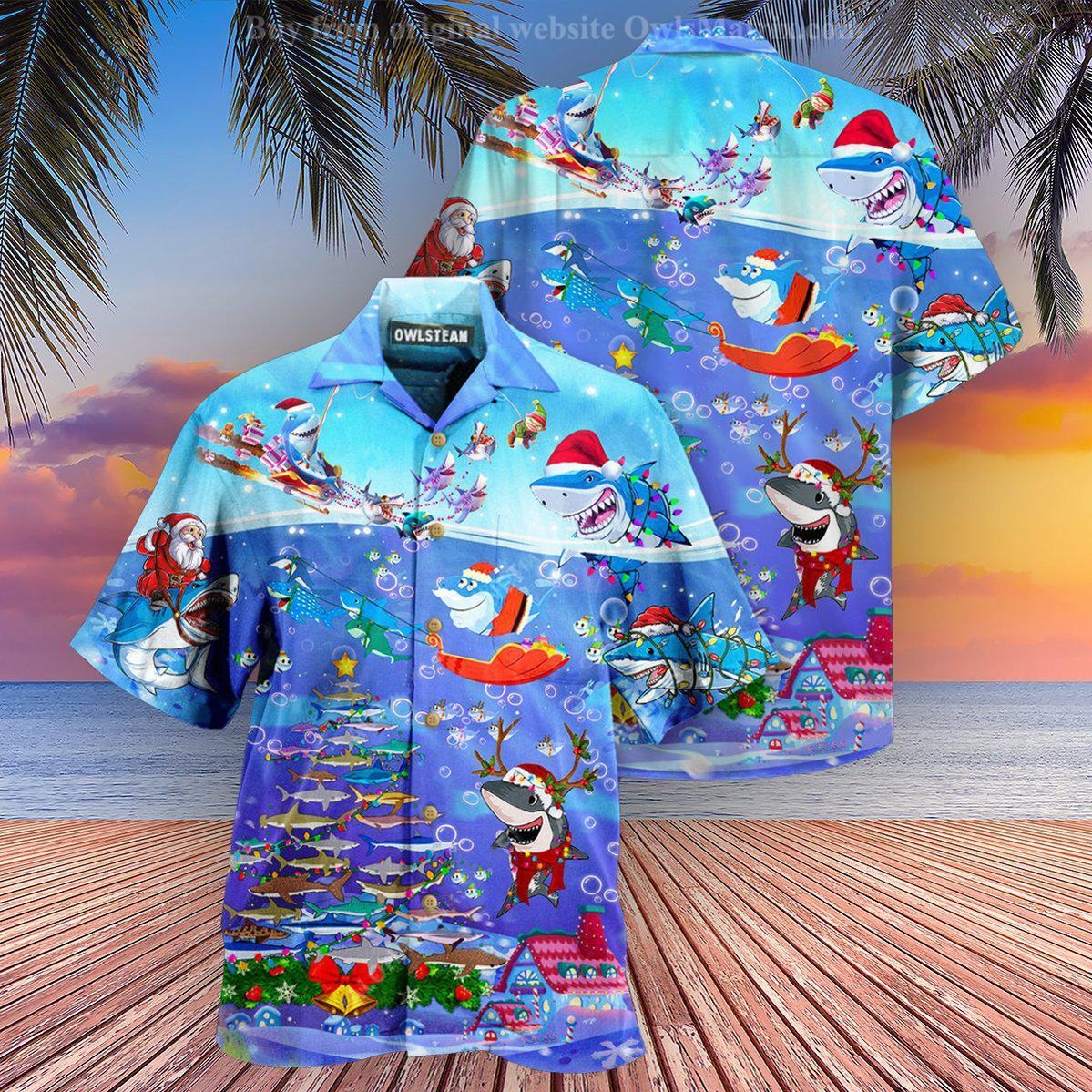 Christmas Santa Shark Sits On Rockets And Brings Gifts To Ocean Edition – Hawaiian Shirt – Haws24Fnn220721