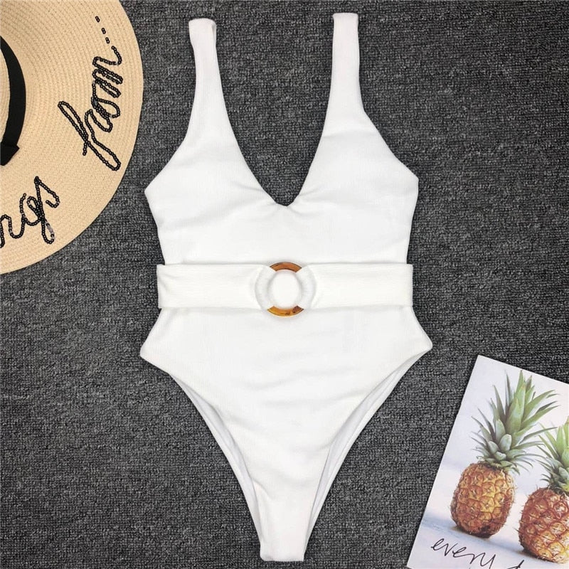 Simplee V-Neck Swimwear Women Bathing Suit Belt Sexy Female Swimsuit One Piece Bodysuits Brazilian