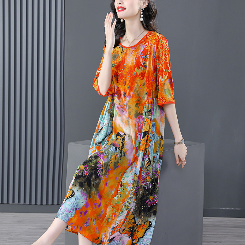 Women Floral Mulberry Silk Midi Dress Spring Summer Elegant Loose Waist Plus Size Dress 2022 Korean Vintage Casual Party Dresses alx