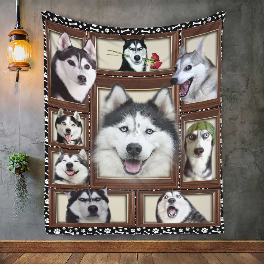 Funny Siberian Husky Print On Blanket, Cute Dog Fleece Sherpa Blanket Soft Cozy Blanket For Pet Lover