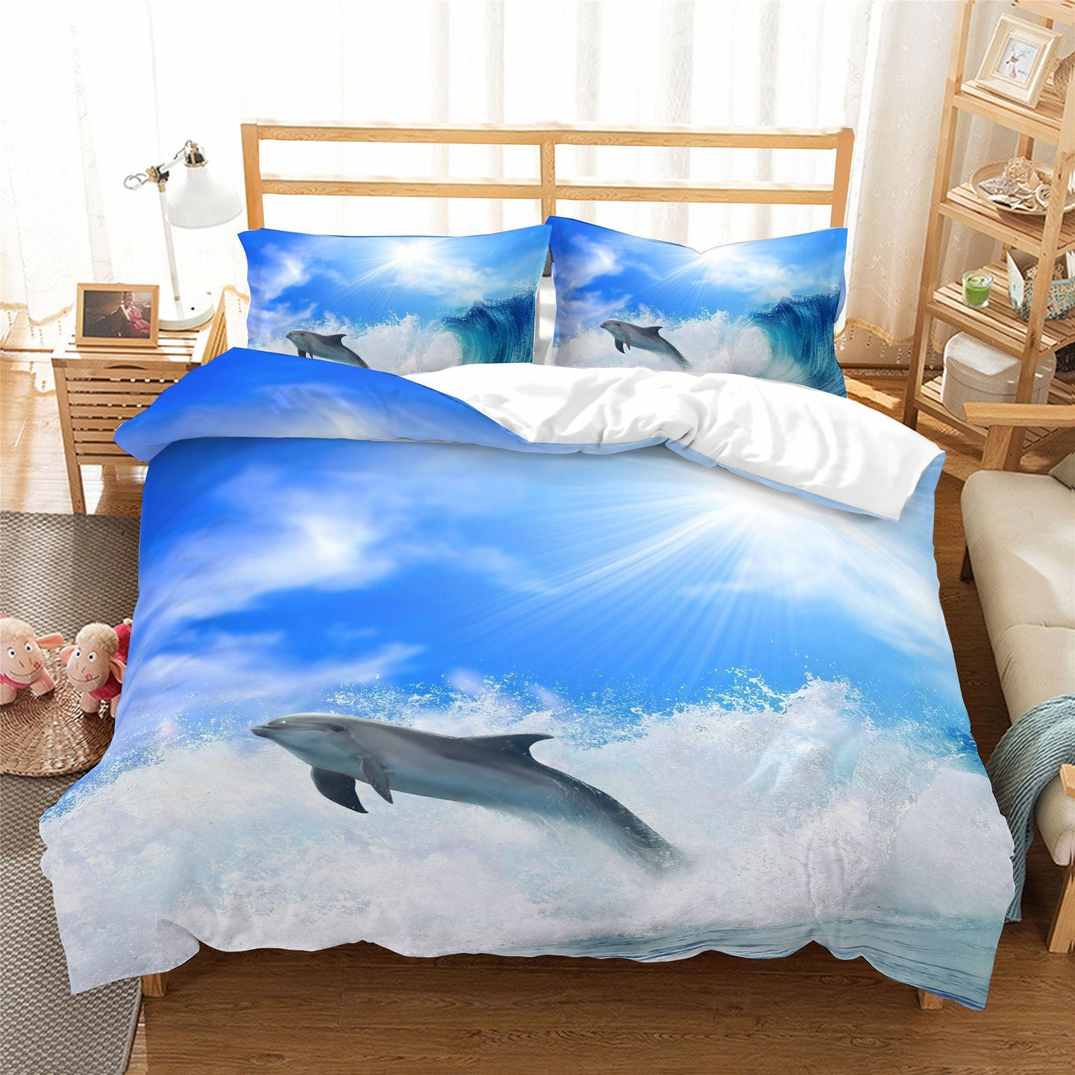 3D Sky Dolphin Sea Wave Bedding Set Bedroom Decor