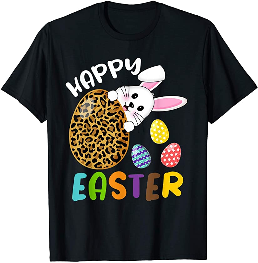 Cute Bunny Face Easter Egg Leopard Print Funny Happy Easter T-Shirt