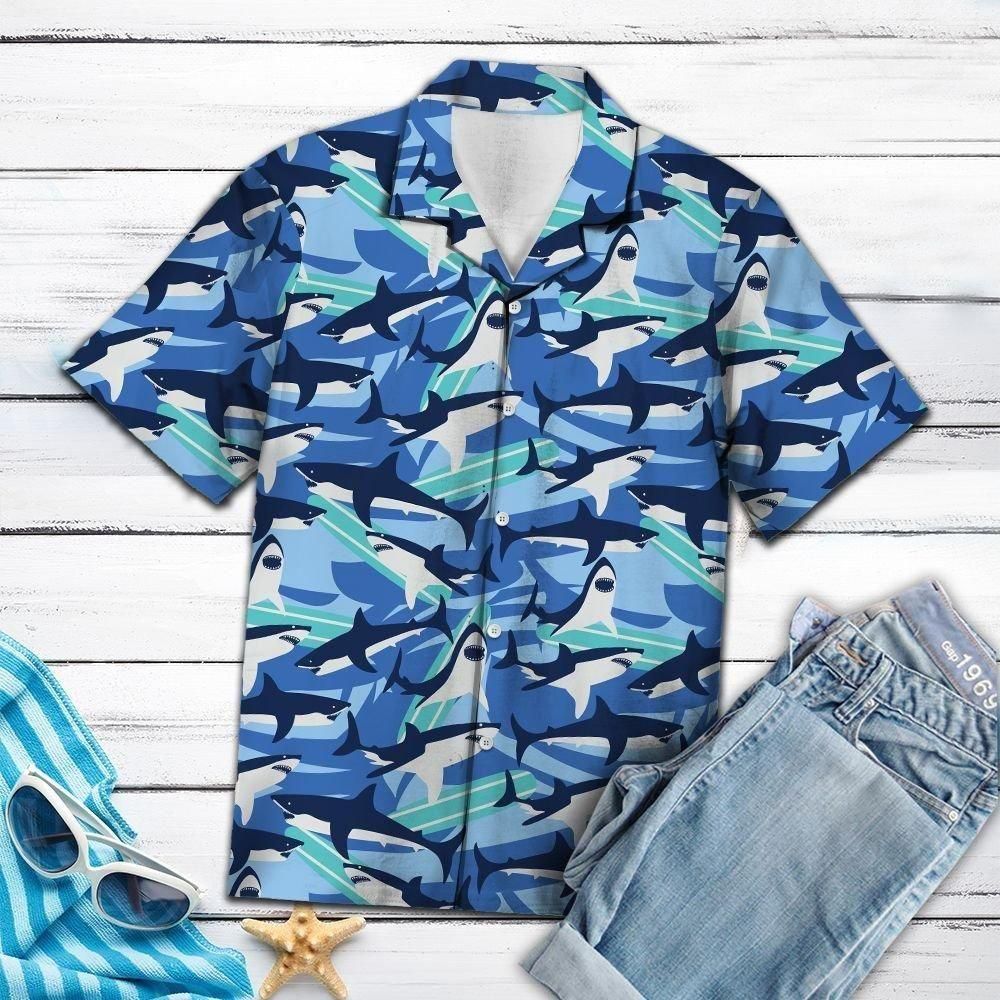 Shark Blue Ocean Aloha Hawaiian Shirt Colorful Short Sleeve Summer Beach Casual Shirt For Men And Women