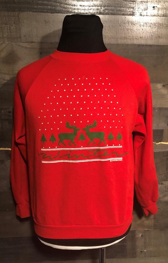 Vintage Deer Winter Ugly Christmas Winter 1980S Red Crewneck Shirt Vintage Ski Skiing Sweater Shirt