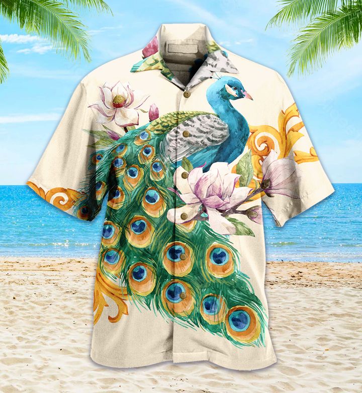 Beautiful Peacock Beige Hawaii Shirt Ha10537