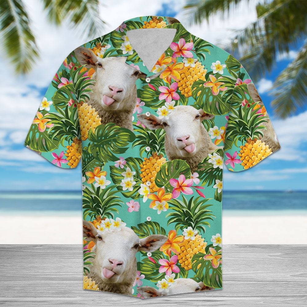 Tropical Pineapple Sheep Hawaiian Unisex Print Aloha Short Sleeve Casual Shirt Ha30166