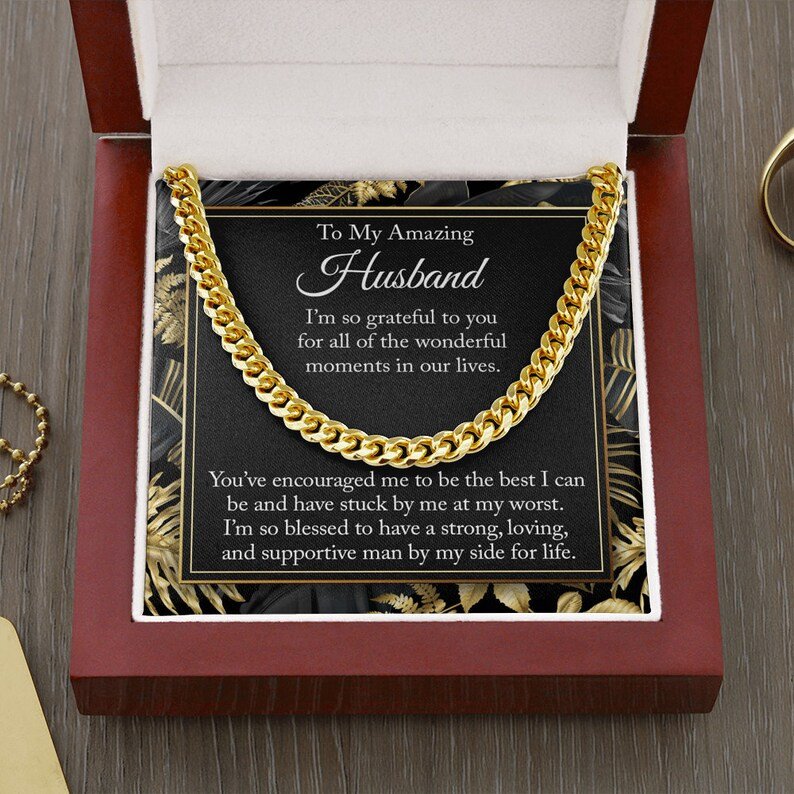 Valentines Day Gifts For Him, Cuban Link Chain Necklace For Husband, Encourage Gift, Stainless Steel Gold Finish Box With Message Card