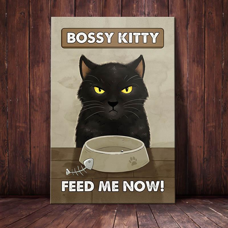 Black Cat Canvas And Poster Empty Bowl, Feed Me Now | Art Print | Home Decor | Room Decor | Wall Art