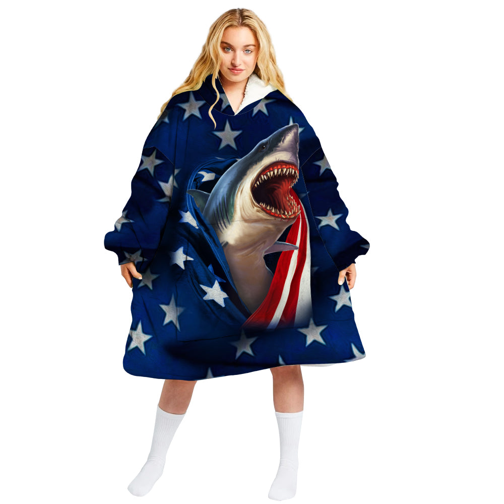 Shark Flag Usa Oversized Hoodie Unisex Fashion Hoodie Blanket With Hood Sleeves And Pocket  For Everyone