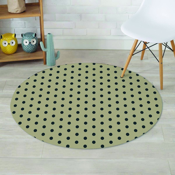 Cream And Black Polka Dot Print Round Rug