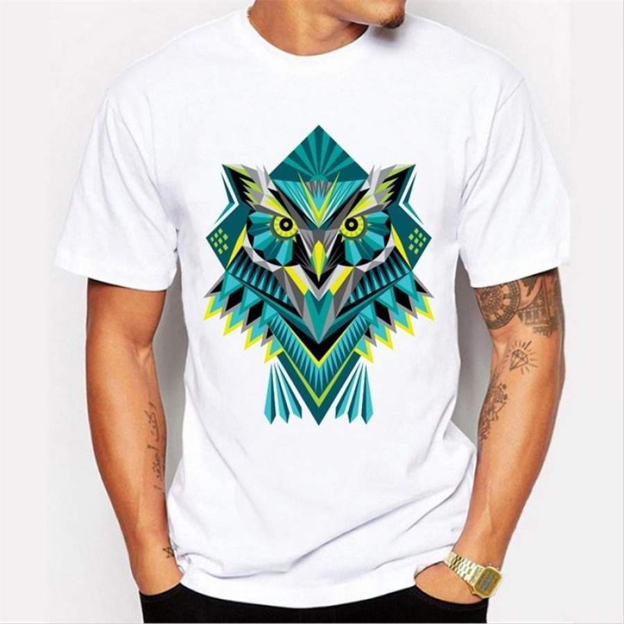 New Arrival Men’S Geometric Owl Design T Shirt Cool Tops Short Sleeve Animal Print Hipster Novelty Tees