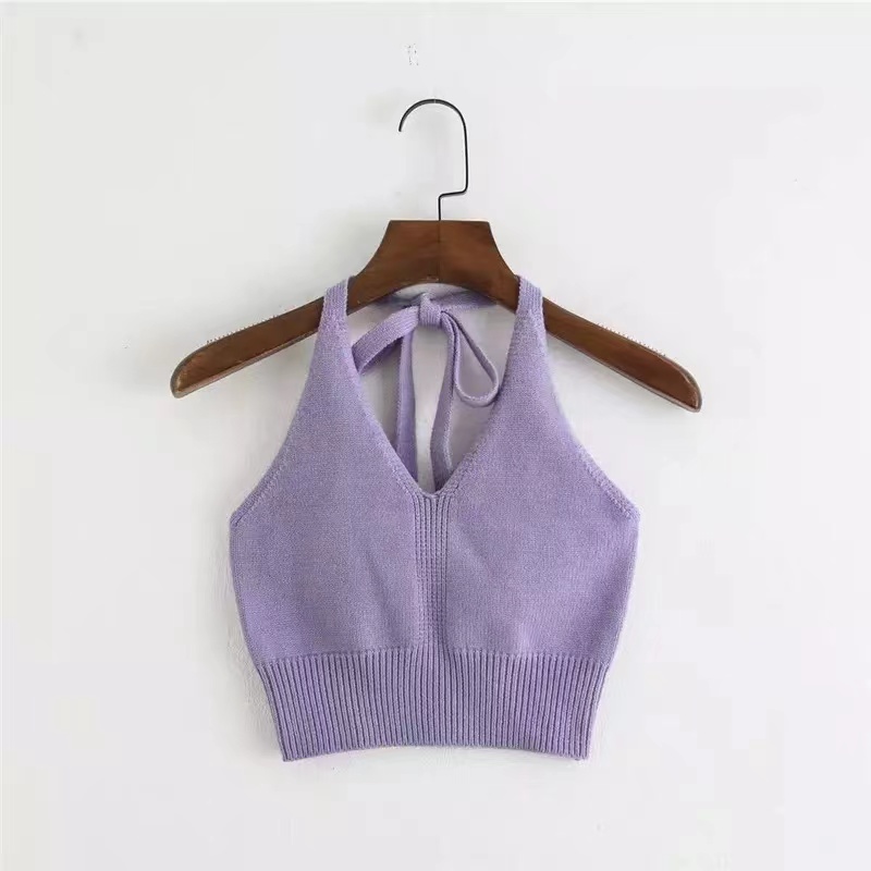 2021 Summer Autumn Women Sexy Camisole Top Solid Knitting Halter Tank Tops Fashion V-neck Short Style Tops Black White Purple alx