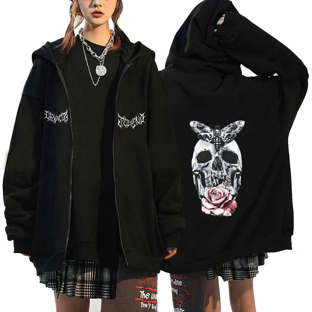 Couple Sweatshirt Hoodie Female 2022 Europe and America Dark Style Gothic Couple Hip Hop Harajuku Large Size Zipper Sweater Top alx