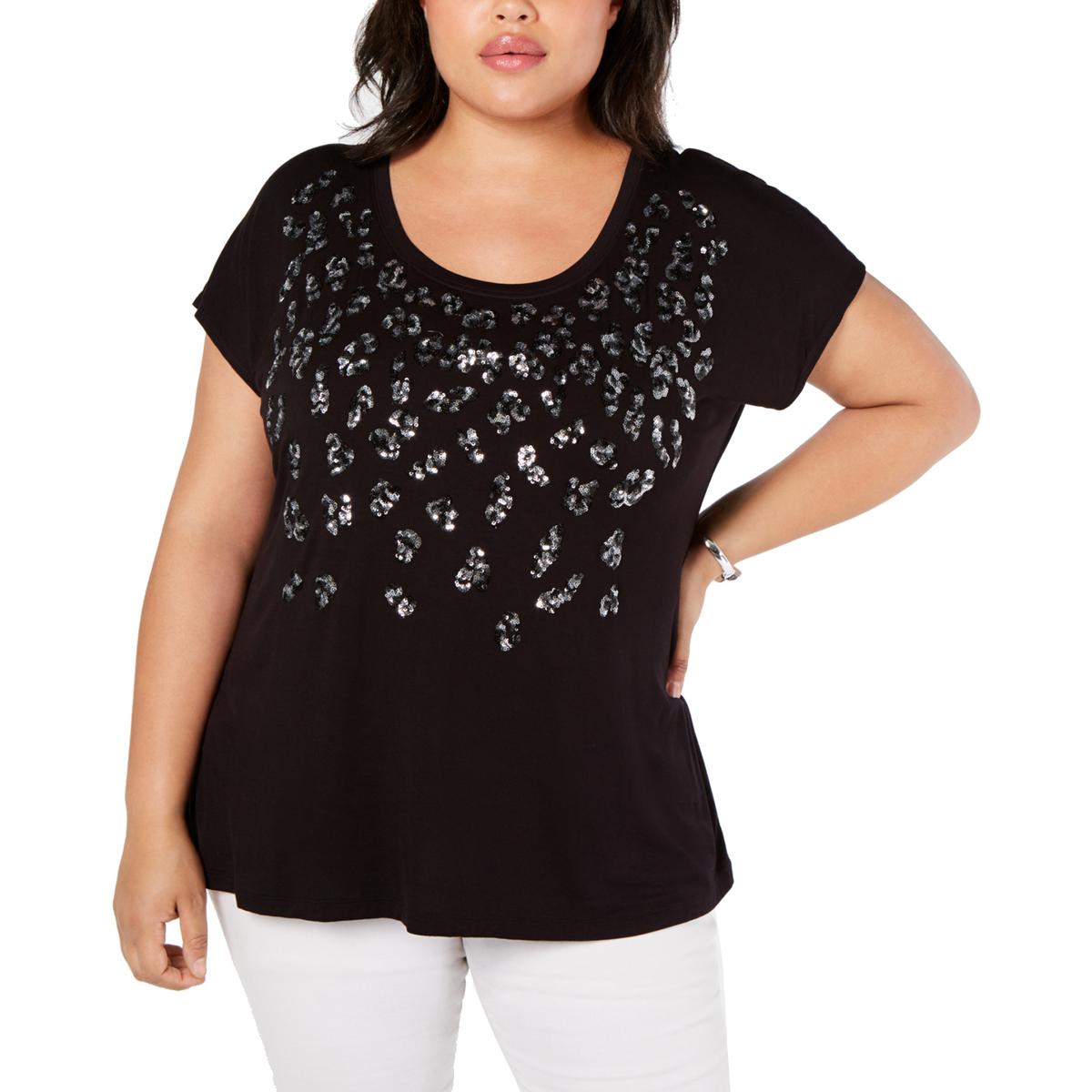 Plus Womens Sequined Leopard Print T-Shirt