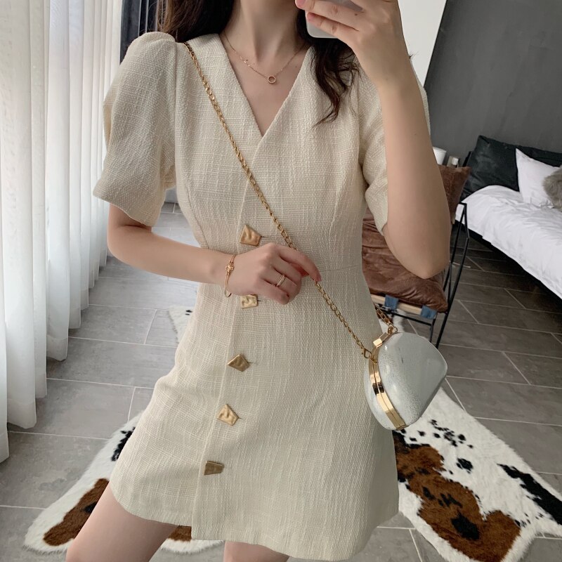 Spring Vintage French V-Neck Dress Women Linen Thin Puff Sleeve A-Line Midi Sundress Party Button Casual Women’s Dresses 2022 alx