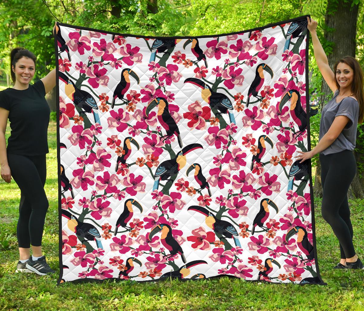 Toucan Flower Design Pattern Premium Quilt