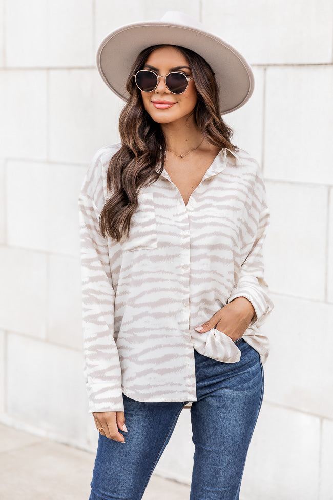 Easy On The Heart Beige Zebra Button Front Shirt