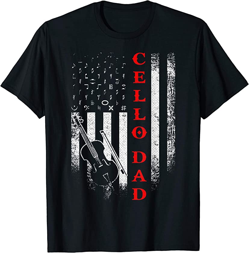 Vintage USA American Flag Cello Dad Cellist Notes Silhouette T-Shirt