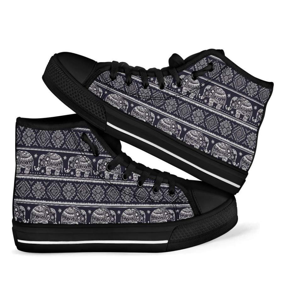 Black Aztec Elephant Pattern Print Men Women’s High Top Shoes