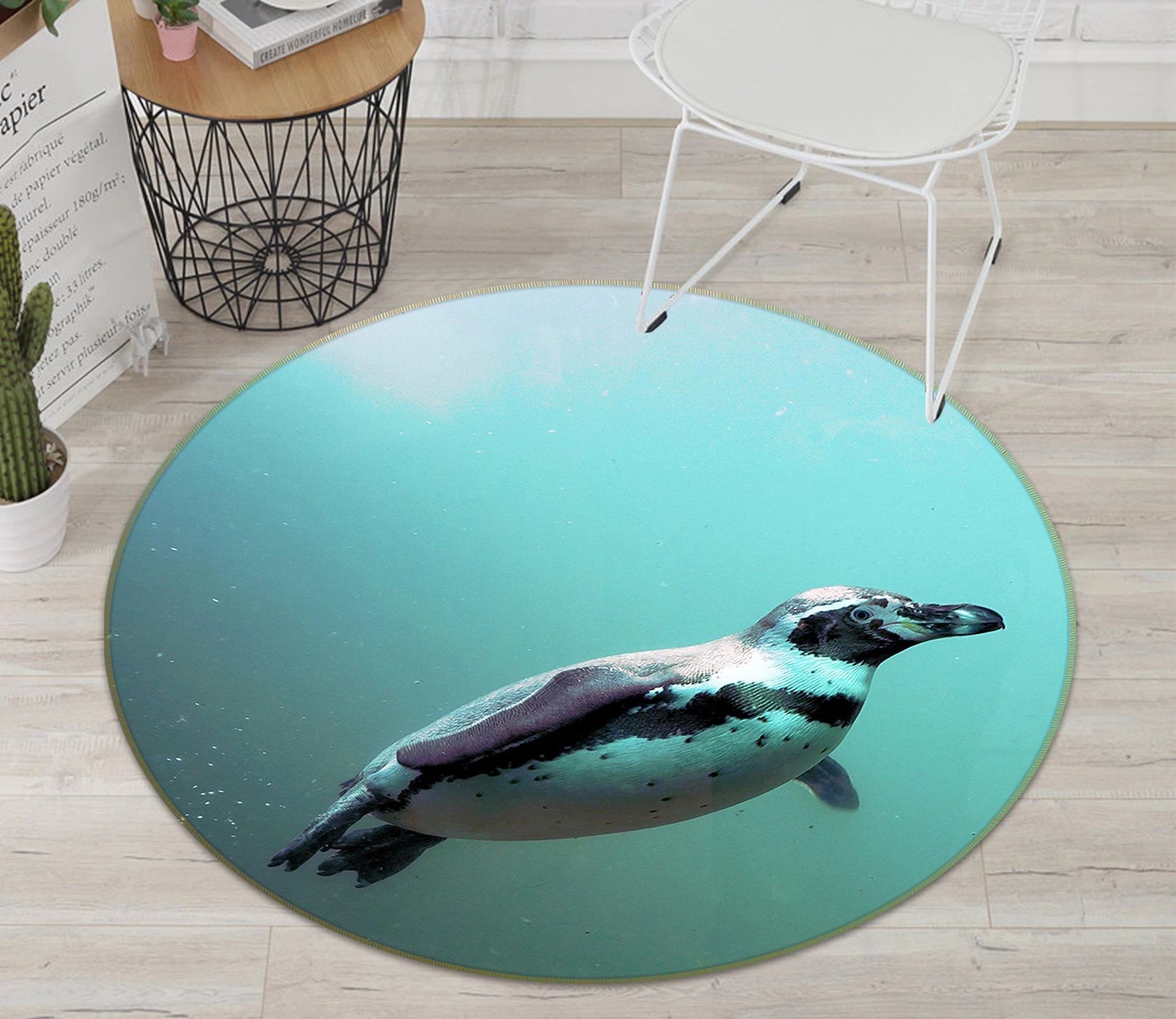 Under The Sea Little Penguin Swiming Printed Round Rug – Round Carpet Home Decor