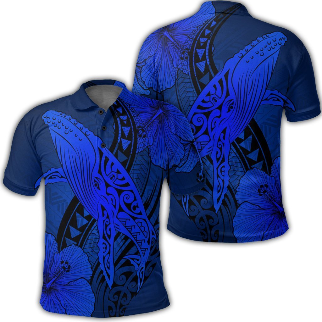 Hawaiian Map Whale Swim Hibiscus Polynesian Polo Shirt – Blue