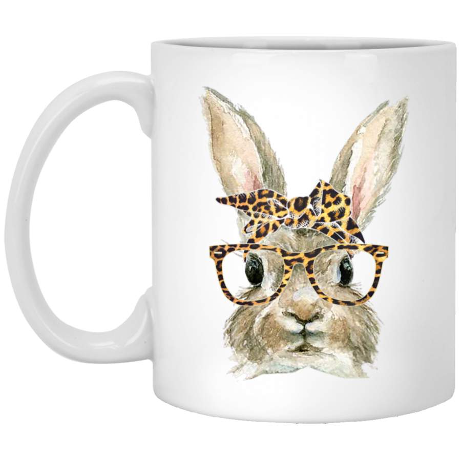 Bunny Rabbit Glasses Leopard Print Bow Funny Hipster Easter White Mug