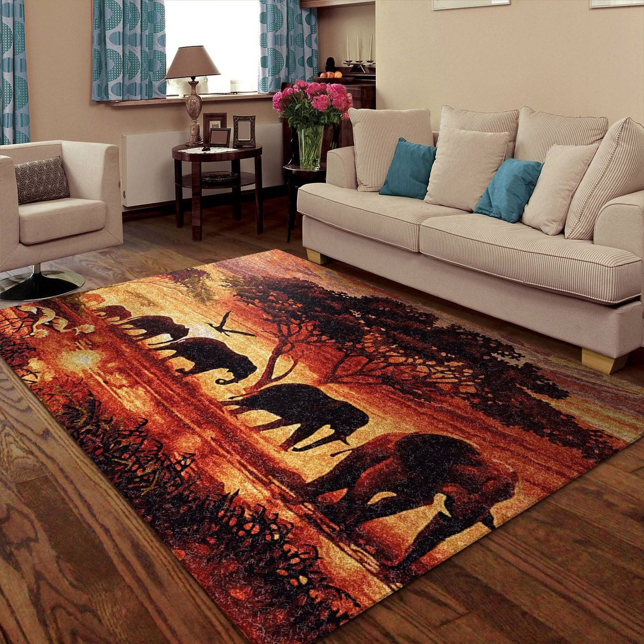 Elephants Sunset Area Rug | Colorful S – 2XL