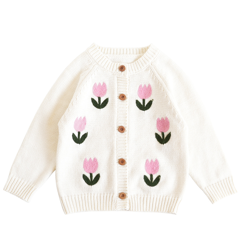 2022 Korean Young Girls Sweaters Embroidery Mushrooms and Bows Pure Cotton Baby Cardigan Children’s Clothing From 2 to 7 Years alx