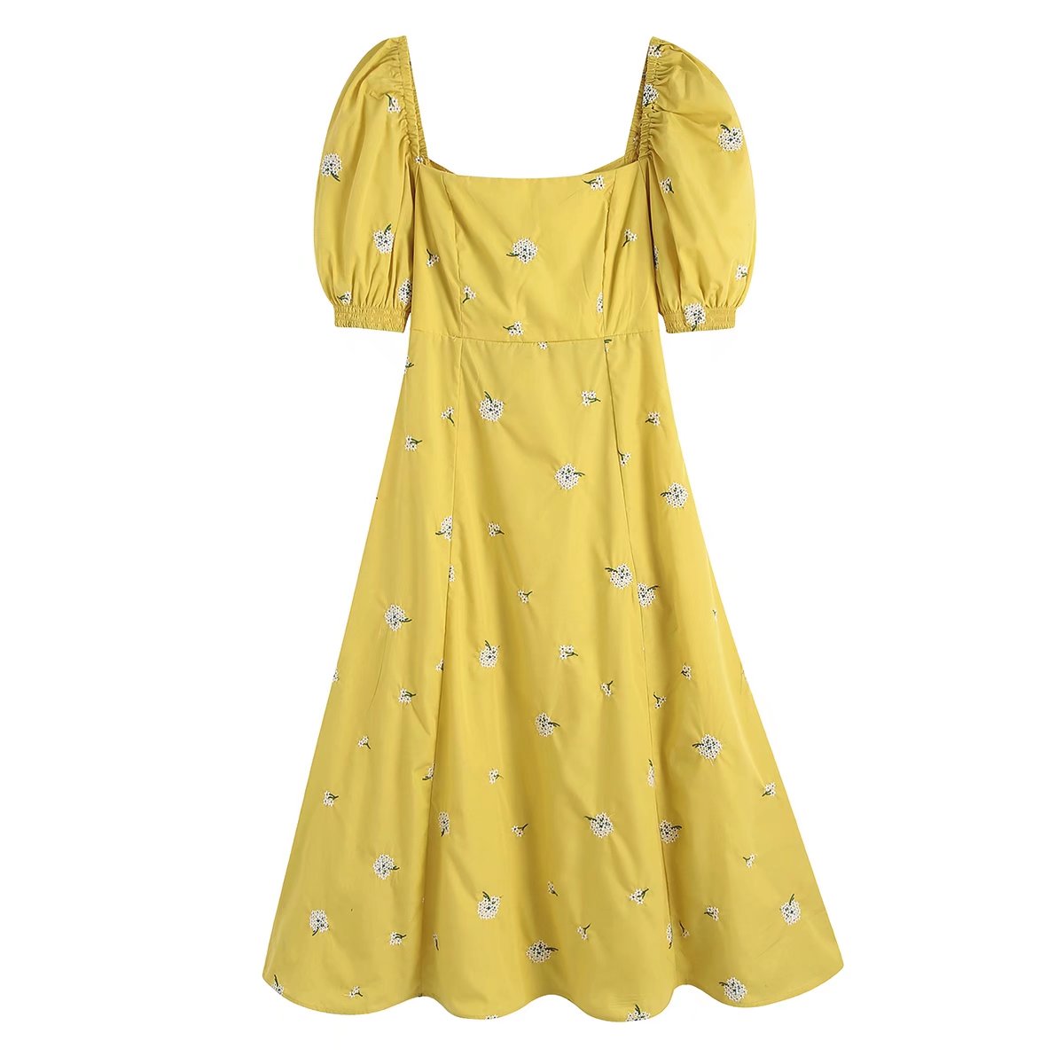 ZEVITY Women Fashion Floral Embroidery Back Bow Tied Yellow Midi Dress Female Chic Puff Sleeve Casual Vestidos Mujer DS9385 alx