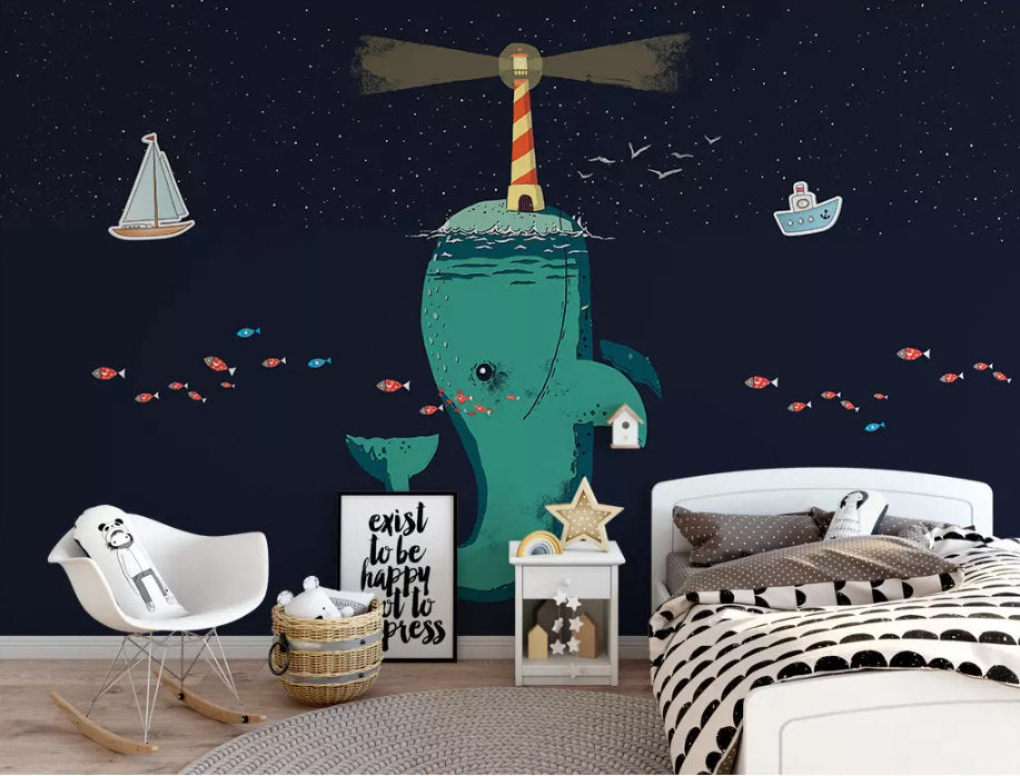 3D Kids, Lighthouse, Sea, Whale Wallpaper-Nursery